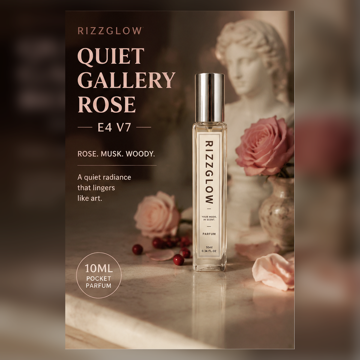 【Woody Rose Musk · Serene】Quiet Gallery Rose 10ml 20% Pocket Parfum (E4 V7) – Rose, Guaiac Wood & Musk | Unisex Fragrance