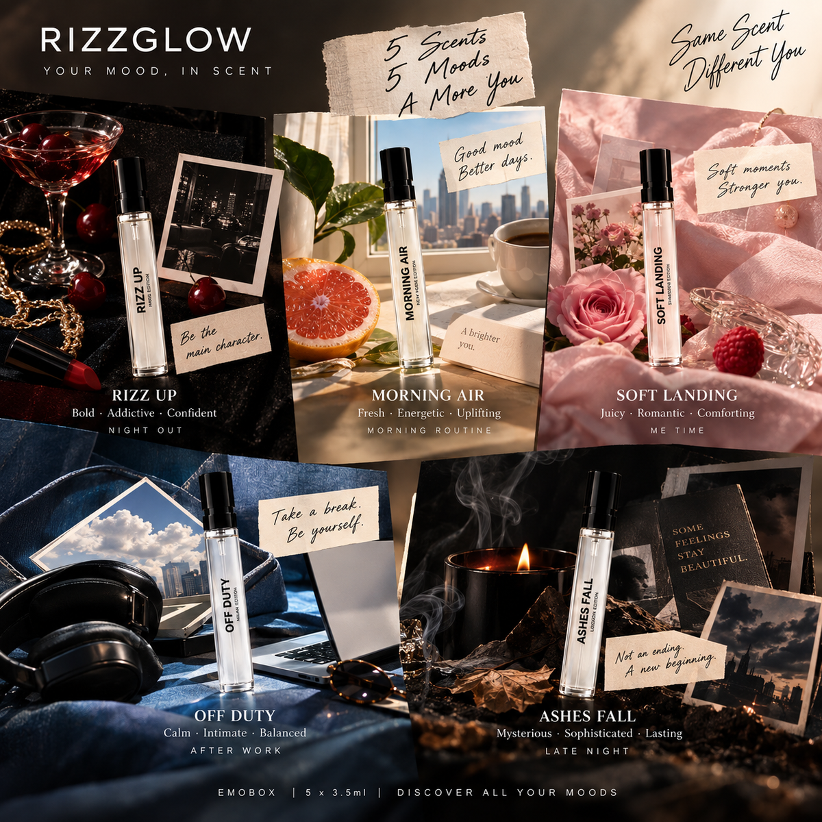【5 Scents · Every Mood】EMOBOX 5×3.5ml Pocket Parfum, 5 Scents in One Box